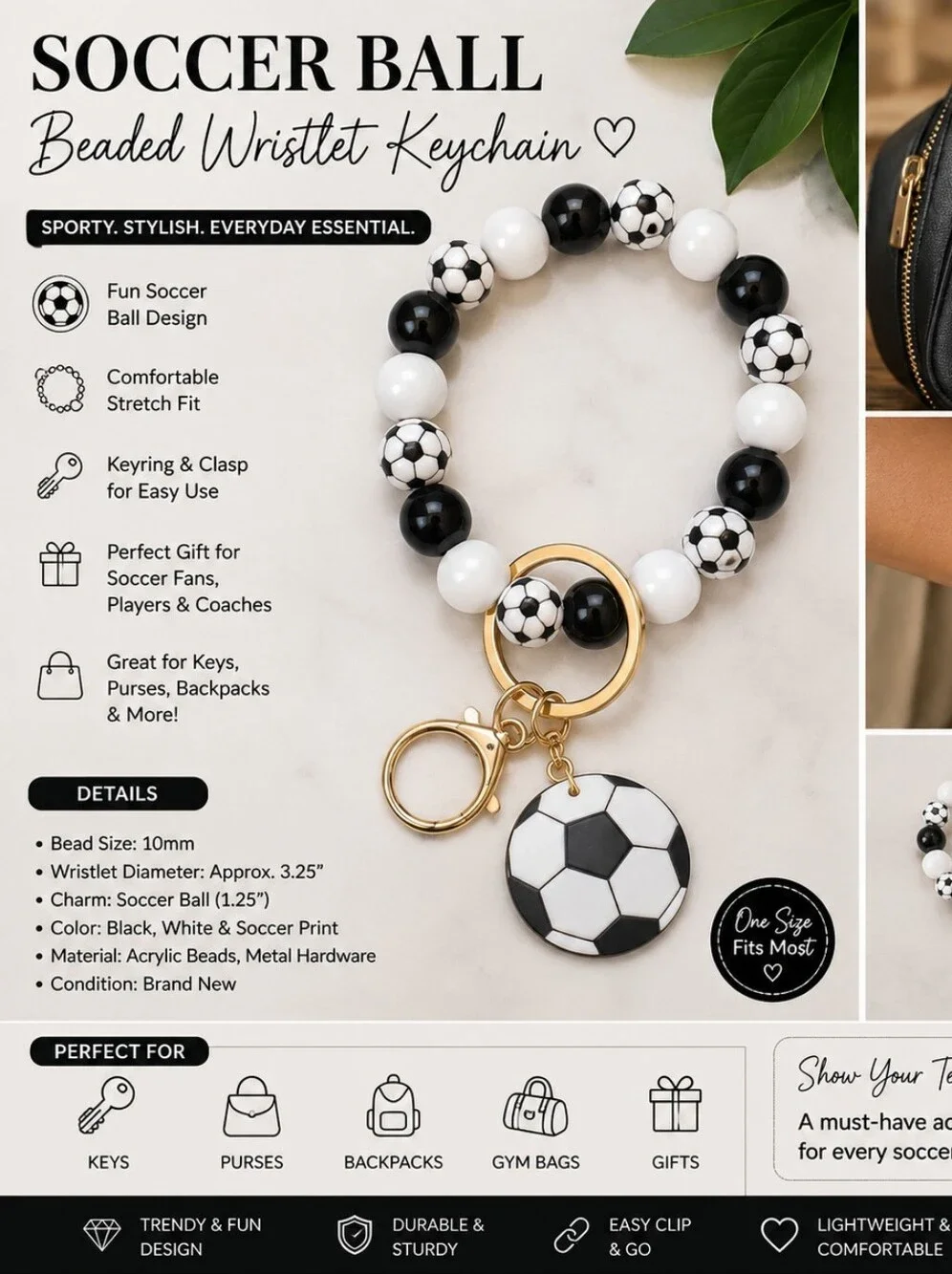 ⚽ Soccer Beaded Wristlet Keychain – NEW